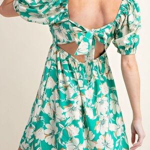 Kori Floral Tie-Back Puff Sleeve Dress - Teal & Cream